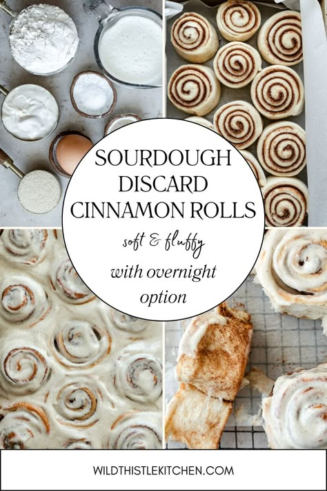 These Sourdough Discard Cinnamon Rolls are soft, fluffy, fragrant, ooey-gooey and so delicious. A great way to use up your sourdough discard, these rolls come together with simple pantry staples and are easy to throw together same day or the night before and bake up the next morning. The vanilla bean cream cheese icing seals the deal and makes them totally irresistible! #sourdoughdiscardcinnamonrolls #sourdoughdiscardrecipes Sourdough Discard Rolls Recipe, Sourdough Cinnamon Rolls Discard Recipes, Sourdough Discard Crossaints, Sourdough Discard Meals, Cinnamon Rolls Sourdough Discard, Same Day Sourdough Cinnamon Rolls, Sourdough Cinnamon Rolls Discard, Discard Sourdough Cinnamon Rolls, Sourdough Cinnamon Rolls Overnight