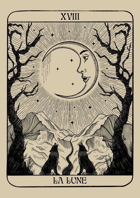 The Moon Tarot Illustrations, The Moon Tarot Painting, The Moon Tarot Design, The Moon Tarot Drawing, The Moon Tarot Tattoo Design, Tarot Tattoo Moon, The Moon Tarot Card Drawing, Sun Moon Tarot Card Tattoo, Tarot Card Art Illustration