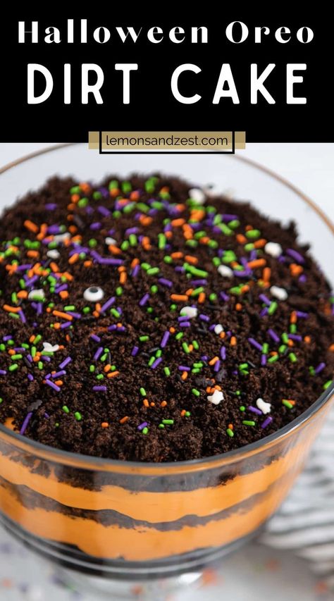 Dirt Pie Recipe Oreo Halloween, Halloween Dirt Trifle, Dirt Cake Healthy, Halloween Dirt Cake Trifle, Triffle Desserts Halloween, Halloween Carry In Food Ideas Easy, Dirt Cup Trifle, Dirt Pudding Halloween Graveyard, Oreo Dirt Cake Halloween