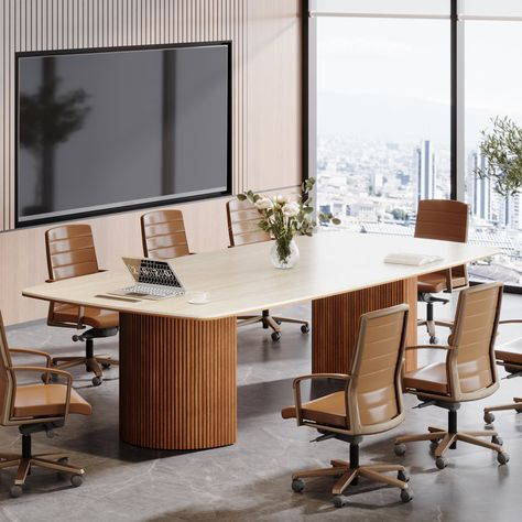 Inbox Zero Conference Table With Unique Travertine Slab Top And Semi-Circular Stripe Base - Wayfair Canada Modern Office Conference Room Design, Standing Table Office, Office With Conference Table, Multipurpose Office Space, Conference Table Design Modern, Office Building Decor, Conference Table Ideas, Small Conference Room Design, Conference Room Design Ideas