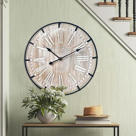 Amazon.com: EMAX HOME 24 Inch Large Farmhouse Wall Clock, Rustic Antique Wood with Metal Circle and Large Engraved Numerals, Silent Battery Operated Wall Clock for Office Kitchen Bedroom Living Room : Home & Kitchen Large Farmhouse, Farmhouse Living Room Decor Ideas, Farmhouse Wall Clock, Rustic Wall Clocks, Farmhouse Inspiration, Metal Circle, Brown Living Room, Farmhouse Decor Living Room, Wooden Wall Clock