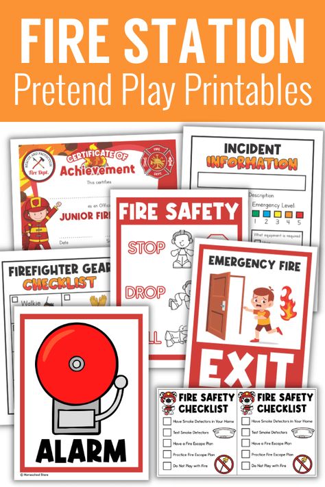 Fire House Dramatic Play Center, Fire Station Pretend Play, Fire Safety Preschool Printables Free, Pretend Play Fire Station, Preschool Fire Station Dramatic Play, Fire Safety Dramatic Play Preschool, Firefighter Printables Free, Fire Fighter Dramatic Play Preschool, Dramatic Play Fire Station