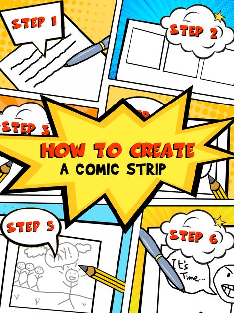 Here's how to create a comic strip in 6 steps. Follow these simple step-by-step instructions to create your first-ever comic strip. Comic Book Bedroom, Love Story Comic, Create A Comic Strip, National Comic Book Day, Comic Book Wallpaper, Comic Book Display, Make A Comic Book, Comic Book Tattoo, Comic Template