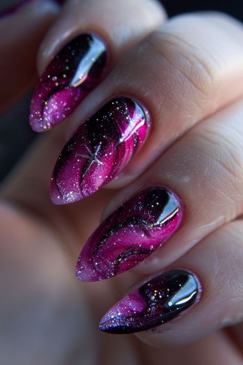 Pink Black Glitter Nails, Cosmic Nail Designs, Intergalactic Nails, Nebula Nails, Nail Designs Hot Pink, Cherry Blossom Nails Art, Cosmic Nails, Pink Tips, Cherry Blossom Nails