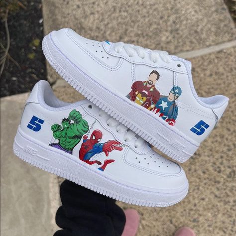 - Follow My Custom Sneaker Instagram And Purchase On There For $50 Discount (@_lacedbylee) - Custom Painted “Marvel Avengers” Design - Pick Any 4 Marvel Characters - Additional $50 For Each Character After - Painted With Angelus Leather Paint - Sealed And Finished With Angelus Finisher - All Sizes Available (Womens, Mens And Kids!) - 3 Week Turnaround Time!!! - Absolutely No Returns Once Painting Starts. Painted Slip On Shoes, Disney Nike Shoes, Cute Custom Shoes, Avengers Design, Nike Shoes Custom, Avengers Shoes, Marvel Shoes, Nike Custom, Custom Sneakers Diy