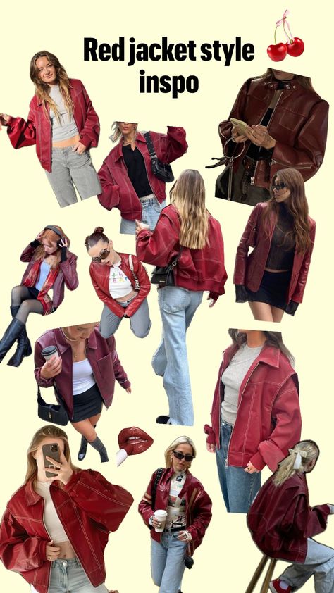 Red Jacket Outfit Aesthetic, Red Oversized Jacket, Cherry Jacket, Jacket Outfit Aesthetic, Red Jacket Outfit, Layered Fashion, Fashion Collage, Red Cherry, Jacket Outfit