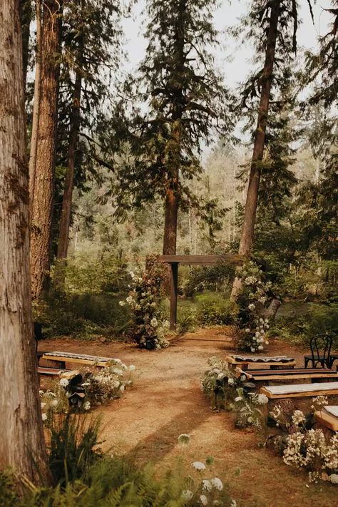 Modern Cottage Core Wedding, Cottage Core Fairy Wedding, Summer Camp Wedding Aesthetic, Natural Wedding Venues, Woodsy Wedding Bridesmaid Dresses, Small Oregon Wedding, Cottage Core Weddings, Small Wedding In The Woods, Outdoor Forest Wedding Ideas