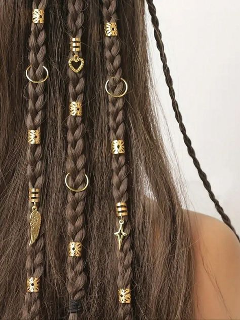 Hippie Hair Jewelry, Hemp Hair Wrap, Braids With Accessories, Gold Hair Rings, Hair Boho Braids, Hippie Style Hair, Hippie Hair Accessories, Braids Accessories, Modern Bridal Hairstyles