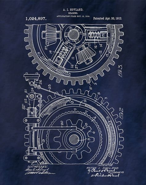 1912 Gear Patent invented by Anton Hovland. The patent was issued by the United States Patent and Trademark Office on April 30, 1912. All patent print pages are fully restored and digitally enhanced to remove as many flaws as possible while maintaining the integrity of the original document. Patent prints are a wonderful way to own a piece of history and display your favorite inventions on your home or office walls. Select size and color from the drop down menus. Feel free to contact me for a di Gears Aesthetic, Mechanical Engineering Aesthetic, Gear Aesthetic, Mechanic Decor, Industrial Graphic Design, Industrial Illustration, Mechanic Decorations, Engineering Symbols, Engineering Graphics