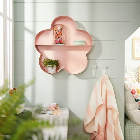 A pink flower shelf because we could all use a spring touch to our home decor. Is it meant for nursery decor? Maybe. Will it still look beautiful in your apartment? Definitely. Kids Wall Shelf, Kawaii Rooms, Kids Wall Shelves, Apartment Shopping, Pink Shelves, Flower Shelf, Decorative Wall Sculpture, Apartment Vibes, Kids Shelves