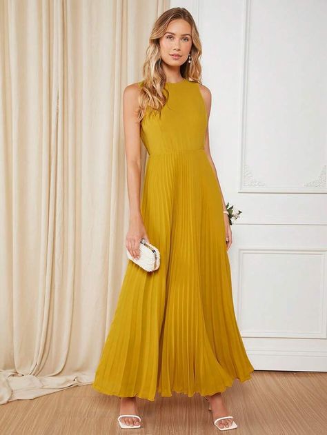 Free Returns ✓ Free Shipping✓. SHEIN Belle Solid Pleated Hem Bridesmaid Dress- undefined at SHEIN. Latest Bridesmaid Dresses, Fall Bridesmaids, Fall Bridesmaid Dresses, Mustard Yellow, Dress P, Bridesmaid Dress, Wedding Events, Woven Fabric, Mustard