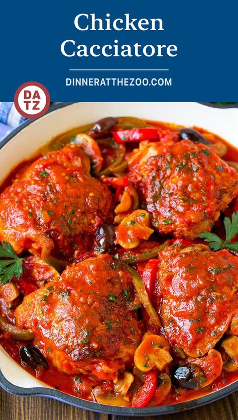 This recipe for chicken cacciatore is a classic dish made with braised chicken and an assortment of vegetables, all cooked together in a flavorful tomato sauce. It’s an easy dinner that the whole family will love! One Pot Italian Chicken, Recipe For Chicken Cacciatore, Chicken Creole, One Pot Italian, Italian Chicken Cacciatore, Awesome Chicken, Dutch Oven Chicken, Chicken Peppers, Cookout Sides