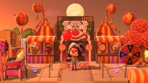 Acnh Haunted Carnival, Animal Crossing Spooky Carnival, Acnh Circus Design, Circus Animal Crossing, Animal Crossing Festival Ideas, Acnh Circus Ideas, Acnh Plaza Carnival Ideas, Carnival Animal Crossing, Animal Crossing Horror Design