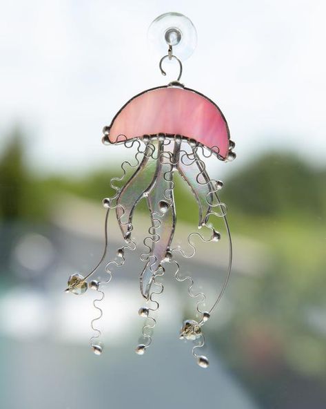 Stained Glass Jellyfish Pattern, Stained Glass Jellyfish, Jellyfish Suncatcher, Gift For Her Ideas, Hanging Jellyfish, Glass Jellyfish, Stained Glass Window Hangings, Pic Candle, Spectrum Glass