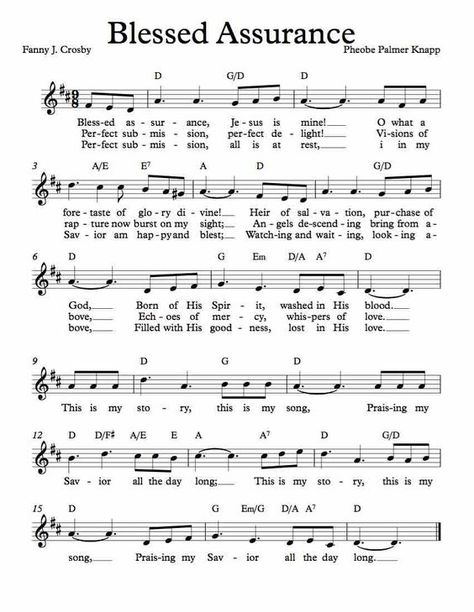 Free Sheet Music for Blessed Assurance. Enjoy! Gospel Song Lyrics, Hymn Sheet Music, Hymn Music, Hymns Lyrics, Blessed Assurance, Praise Music, Bible Songs, Christian Song Lyrics, Great Song Lyrics