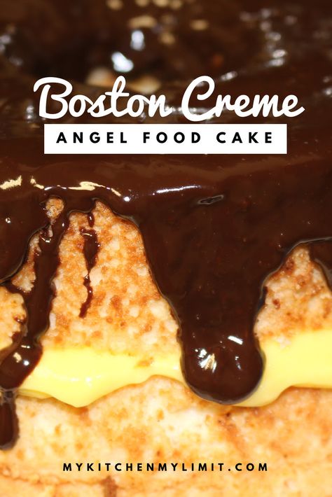 Boston Creme Angel Food Cake Angel Food Cake With Chocolate Ganache, Angel Food Cake Toppings, Angel Food Cake From Scratch, Boston Creme Pie, Creme Pie, Angel Food Cake Desserts, Light Dessert, Angel Food Cake Mix Recipes, Cake From Scratch