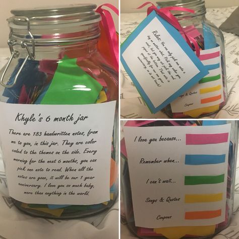 Made this for my boyfriend for our 6 month anniversary! 6 Month Anniversary Boyfriend, Diy Projects For Boyfriend, Anniversary Gift Ideas For Him Boyfriend, 365 Jar, 6 Month Anniversary, Month Anniversary, One Month Anniversary, Dating Anniversary Gifts, Cute Anniversary Gifts