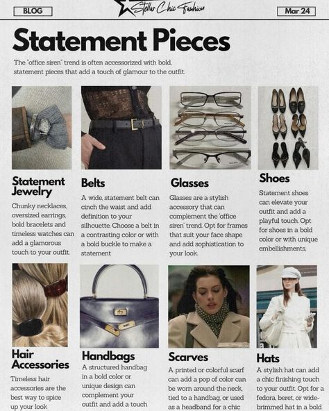 Statement Pieces Outfit, Statement Pieces Clothing Fashion, Office Siren Jewelry, Office Siren Moodboard, Office Siren Accessories, Statement Accessories Outfit, Fashion Blog Aesthetic, How To Add Accessories To Outfits, How To Find Personal Style