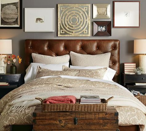 Lorraine Tufted Leather Bed & Headboard | Pottery Barn Leather Headboard Bedroom, Brown Leather Bed, Brown Headboard, Leather Bedroom, Leather Bed Frame, Leather Bed Headboard, Bedroom Design Inspiration, Leather Headboard, Bedroom Decor Inspiration