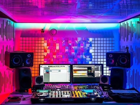 Bedroom Music Studio, Colorful Studio, Audio Studio, Recording Studio Home, Home Studio Setup, Streaming Setup, Music Studio Room, Home Recording Studio, Audio Room