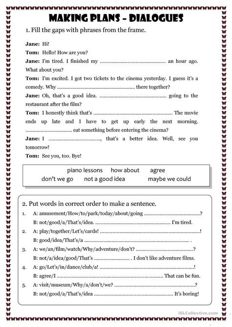 Making plans - dialogues exercises - English ESL Worksheets for distance learning and physical classrooms Spoken English Practice Worksheets, Conversational English Worksheets, Spoken English Worksheets, English Dialogues For Beginners, Dialogue Writing Worksheets, English Lessons For Beginners, Dialogues In English, English Conversation Worksheets, Dialogue Worksheet