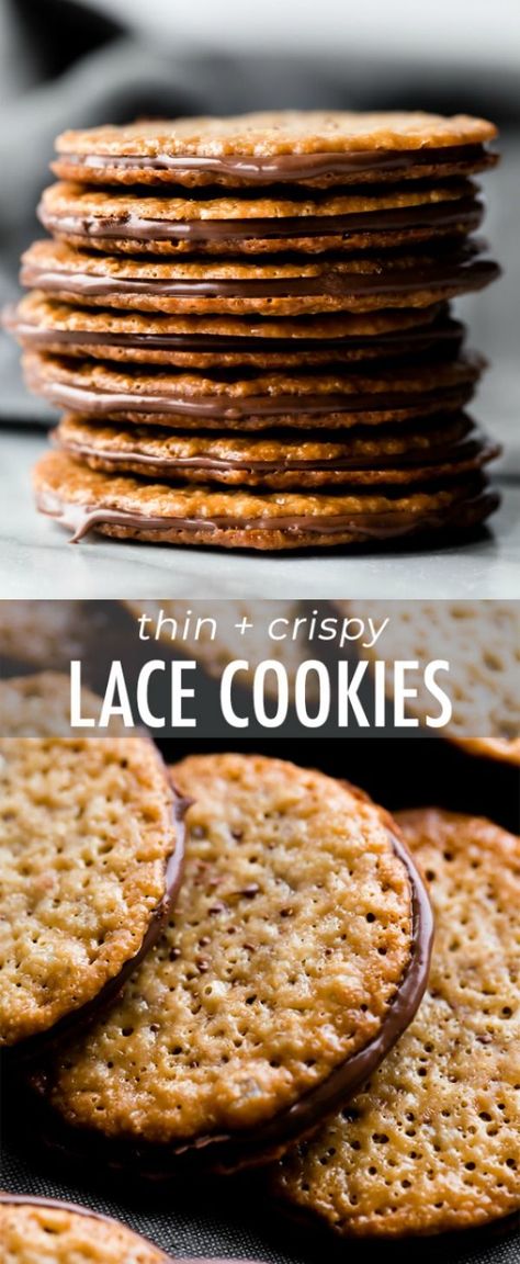 Made from only 6 ingredients, these easy lace cookies are ready in 30 minutes and they taste like sweet brown butter and caramel. Sandwich with a little chocolate for an extra special treat. Recipe on sallysbakingaddiction.com Lace Cookies, Cookies Easy, Think Food, Sandwich Cookies, Cookies Recipes Christmas, How Sweet Eats, Easy Cookies, Eat Dessert, Brown Butter