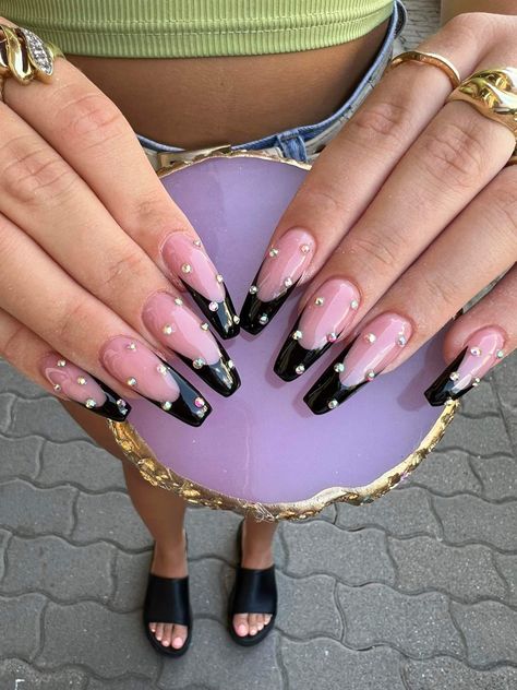 Black French Diamond Nails, Black French Tip Nails With Diamonds, Black Frenchies With Rhinestones, Black Nails Diamonds, French Nails Diamonds, Black And Diamond Nails, Black Nails With Diamonds Rhinestones, Black French Tip Nails With Rhinestones, Diamond French Tip Nails