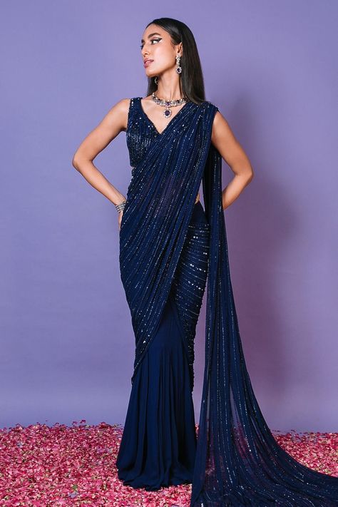 Shop for Pritika Vora Blue Embroidered Cocktail Pre-draped Saree With Blouse for Women Online at Aza Fashions Cocktail Sarees Parties Indian Weddings, Cocktail Outfits Indian Wedding, Cocktail Saree Indian Weddings, Cocktail Saree Look, Dark Blue Saree Blouse Combination, Cocktail Sarees Parties, Saree For Cocktail Party, Blue Fancy Saree, Unique Saree Designs