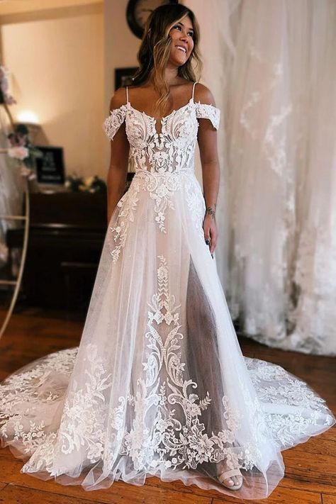 Sparkly Wedding Dress, Beach Wedding Dresses, Sparkly Wedding, Tulle Sleeves, Lace Beach Wedding Dress, Applique Wedding, Applique Wedding Dress, Tulle Lace, A-line Wedding Dress