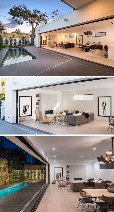 The West Hollywood Residence By AUX #Architecture | #WeHo via CONTEMPORIST Sliding Doors That Open All The Way, Living Room Glass Wall Indoor Outdoor, Living Areas Ideas Interiors, Open Lounge Room Ideas, Open House Interior, Indoor Patio Ideas, Open Space House, Small Modern Houses, Contemporary Architecture House