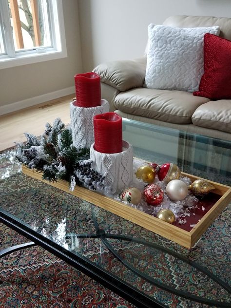 Christmas Village Coffee Table, Center Table Living Room Christmas Decor, Christmas Center Table Ideas, Couch Table Christmas Decor, Coffee Table Christmas Decor Trays, Christmas Decor Ideas For Living Room Coffee Tables, Christmas Coffee Table Decor Living Rooms, Christmas Coffee Table Centerpieces, Christmas Decor Coffee Table