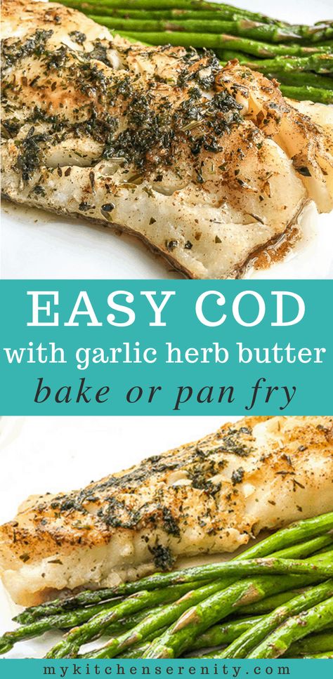 Learn how to make this easy fish recipe with easy step by step instructions. Delicious, healthy cod topped with homemade garlic-herb butter creates a tender, flavorful fish dinner that even the kids will eat!  This tender, white fish recipe is gluten-free, keto, and low carb.  Less than 1 net carb per serving.  Easy recipe - bake or pan fry. #codrecipes #lowcarbfishrecipes #easyketodinner Atlantic Cod, Baked Cod Recipes, Cod Fish Recipes, White Fish Recipes, Fish Dinner Recipes, Pan Fry, Garlic Herb Butter, Easy Fish Recipes, Cod Recipes