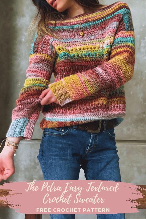 Easy Textured Crochet Sweater Free Pattern - Kiks and Jack Crochet Crochet Sweater Free Pattern, Easy Crochet Sweater, Sweater Free Pattern, Diy Crochet Sweater, Triple Crochet, Scrap Yarn Crochet, Knit Clothes, Crochet Sweater Free, Bead Stitch