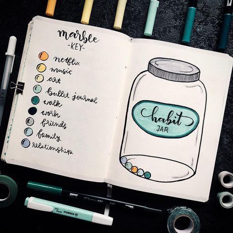 • my habit jar is slowly filled with marbles✨🌿 what are you doing in your freetime?🍃🌻 • #bujo #bujogram #bujobeauty #bujoideas #bujoinspire… Bullet Journal Calendrier, Organize Life, Bullet Journal 2019, Habit Tracker Bullet Journal, Bullet Journal Tracker, Bullet Journal Mood, Organized Life, Bullet Journal Art, Bujo Inspiration