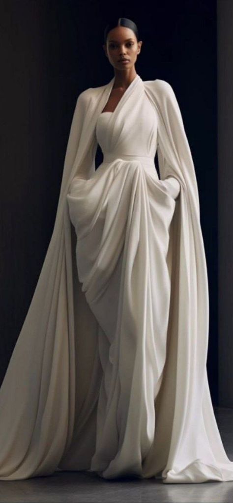 Elegant Wedding Kaftan With Cape, Luxury Pre-draped Dresses With Cape Sleeves, Elegant Luxury Floor-length Cape, Luxury Pre-draped Evening Dress With Cape Sleeves, Cream Wedding Dress Long Cape, Korean Wedding Dress, Character Fashion, Korean Wedding, Autumn 2024