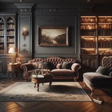 Dark Academia Interior Design Living Room, Victorian Living Room Traditional, Dark Academia Interiors, Dark Living Room Walls, Dark Academia House Interior, Victorian Interiors Living Room, Victorian Modern Living Room, Dark Victorian Living Room, Dark Maximalist Decor