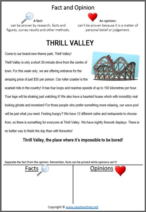 Fact vs Opinion Worksheets Reading Passages • EasyTeaching.net Fact Opinion Activities, Fact Vs Opinion, Fact And Opinion Worksheet, Teaching Character Traits, Reading Facts, First Grade Reading Comprehension, Calm Classroom, Computer Center, Expository Essay