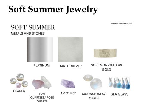 #softsummer #summer seasonal color analysis Soft Summer Metals And Stones, Soft Summer Jewelry, Summer Seasonal Color Analysis, Muted Summer, Summer Skin Tone, Cool Summer Palette, Ethereal Style, Style Essence, Soft Summer Palette