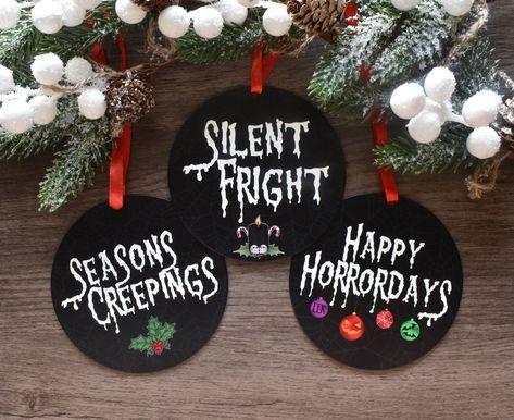 "Add a touch of eerie elegance to your holiday decor with this Spooky Christmas Ornaments set of These Scary Gothic Christmas Ornaments are perfect for those who love to celebrate the dark side of the season. Whether you hang them on your Spooky Halloween Tree or incorporate them into your Christmas decorations, these unique ornaments are guaranteed to make a chilling statement. Each ornament features intricate details and is carefully handcrafted to bring a hauntingly beautiful vibe to your tree. Embrace the spirit of the season with these Spooky Halloween or Christmas Tree Decorations and make your festivities delightfully frightful. PRODUCTION TIME AND SHIPPING Each ornament is custom made, laser cut and printed for your order.   *Please leave approximately 14-21 days for production and Diy Dark Christmas Decorations, Horror Movie Christmas Tree, Spooky Christmas Decor, Krampus Christmas Decor, Spooky Christmas Aesthetic, Creepmas Decorations, Spooky Christmas Decorations, Gothic Christmas Aesthetic, Gothic Christmas Ornaments