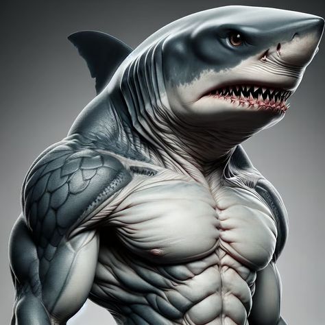 Create a humanoid shark with a menacing look Half Shark Half Human, Humanoid Shark, Shark Person, Shark Character, All About Sharks, Shark Jaws, Pirate Art, Gold Outfit, Sharp Teeth