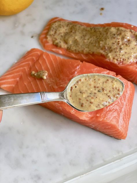 Stone Ground Mustard Salmon, Salmon Recipes With Mustard, Whole Grain Mustard Salmon, Whole Grain Mustard Sauce, Dijon Crusted Salmon, Salmon Mustard Recipes, Salmon Recipes Mustard, Mustard Salmon Recipes, Mustard Crusted Salmon