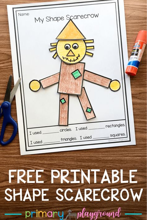 Free Printable 2D Shape Scarecrow #scarecrow #2dshapes #kindergarten #preschool #kindergartenmath Shape Scarecrow, Shapes Kindergarten, Scarecrow Crafts, Fall Preschool Activities, Fall Lessons, Fall Math, Thanksgiving Preschool, Fall Kindergarten, Fall Preschool