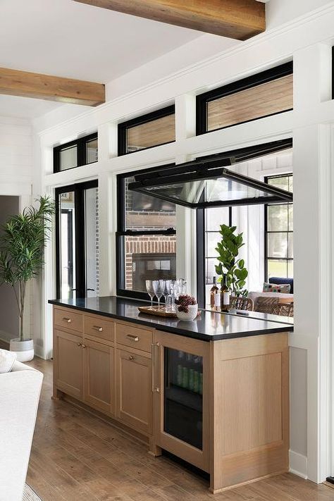 Kitchen Pass Through Window, Cottage Deck, Kitchen Pass Through, Pass Through Window, Stone Fireplace Surround, Natural Stone Fireplaces, Kitchen Windows, Lake House Kitchen, White Shiplap Wall