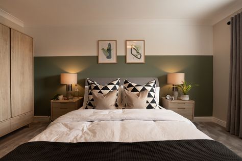 Master bedroom design with half wall in Farrow and Ball's Card Room Green Farrow And Ball Bedroom, Card Room Green, Green Bedroom Walls, Card Room, Green Bedroom Decor, Feature Wall Bedroom, Sage Green Bedroom, Room Green, Bedroom Cupboard Designs