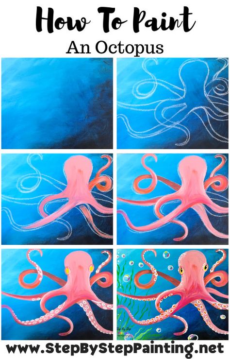 Octopus Art Project, Beginner Painting Tutorial, Easy Beginner Painting, Animal Paintings Acrylic, Beach Mural, Octopus Painting, Jellyfish Painting, Underwater Painting, Simple Canvas Paintings