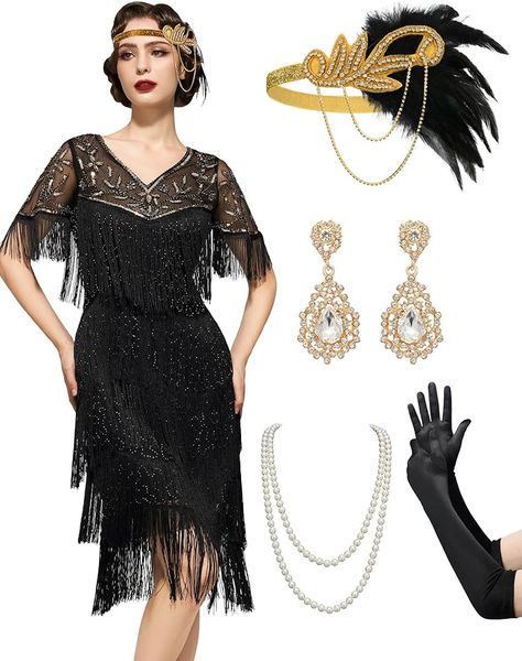 Amazon.com: SWEETV 1920s Gold Flapper Dresses for Women,Fringed Roaring 20s Costumes, Sequin Great Gatsby Dresses with 20s Accessories Set : Clothing, Shoes & Jewelry 1920s Gatsby Outfit, 1920 Style Dresses, Roaring 20s Costumes, 1920s Party Outfit, 1920s Outfit Ideas, 20s Accessories, Gatsby Party Outfit, Roaring 20s Dresses, 20s Costume