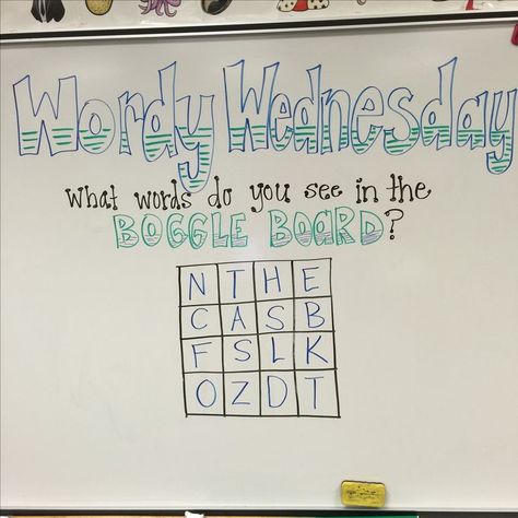 More Wednesday Classroom Board, Wednesday Question Of The Day Classroom, Daily Board Ideas, Wednesday Question Of The Day, Would You Rather Wednesday Whiteboard, Whiteboard Messages Wednesday, Wordy Wednesday Activities, Wednesday Board Prompt, Boggle Board Classroom