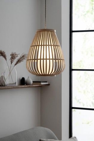 Bedroom Lampshade Ceiling, Natural Lamps, Amber Room, Sage Green Bedroom, Pendant Lighting Bedroom, Oak Bedroom, Bamboo Shades, Cottage Interior, Large Lamps