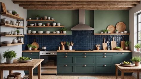 Designing a Sage Green and Navy Blue Kitchen - DexDecor Blue And Sage Kitchen, Navy Blue Sage Green Kitchen, Sage Green And Blue Kitchen, Blue And Green Kitchens, Navy And Green Kitchen, Navy Blue Kitchen Walls, Green And Blue Kitchen, Blue And Green Kitchen, Sage Green And Navy