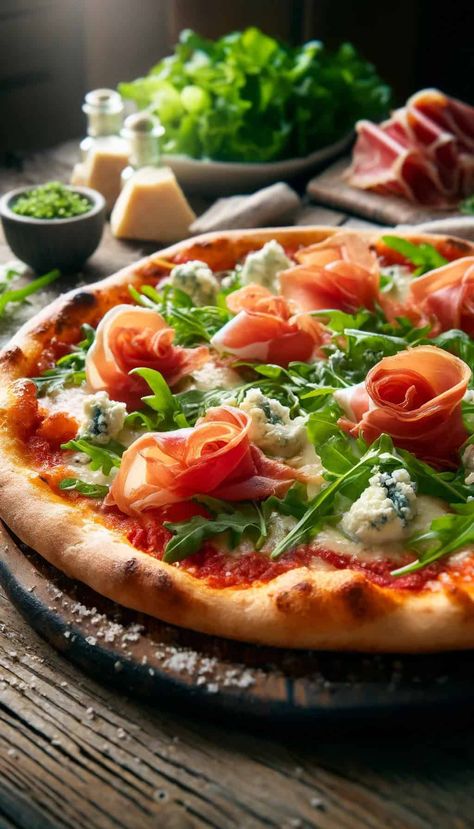 Prosciutto and Arugula Pizza Recipe - World Cuisines Network Arugula Pizza Recipes, Goat Cheese Pizza Recipes, Prosciutto Arugula Pizza, Tomato Pizza Sauce, Cheese Pizza Recipe, Arugula Pizza, Prosciutto Pizza, Goat Cheese Pizza, Making Homemade Pizza